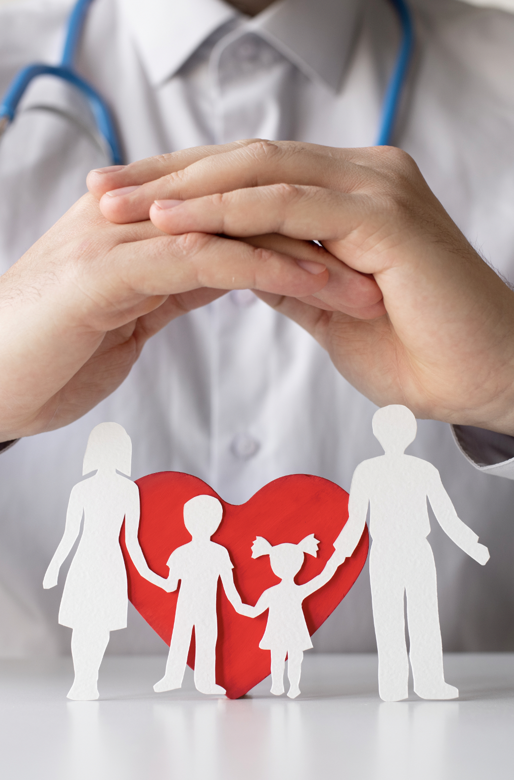 Healthcare provider with family figures representing health insurance coverage